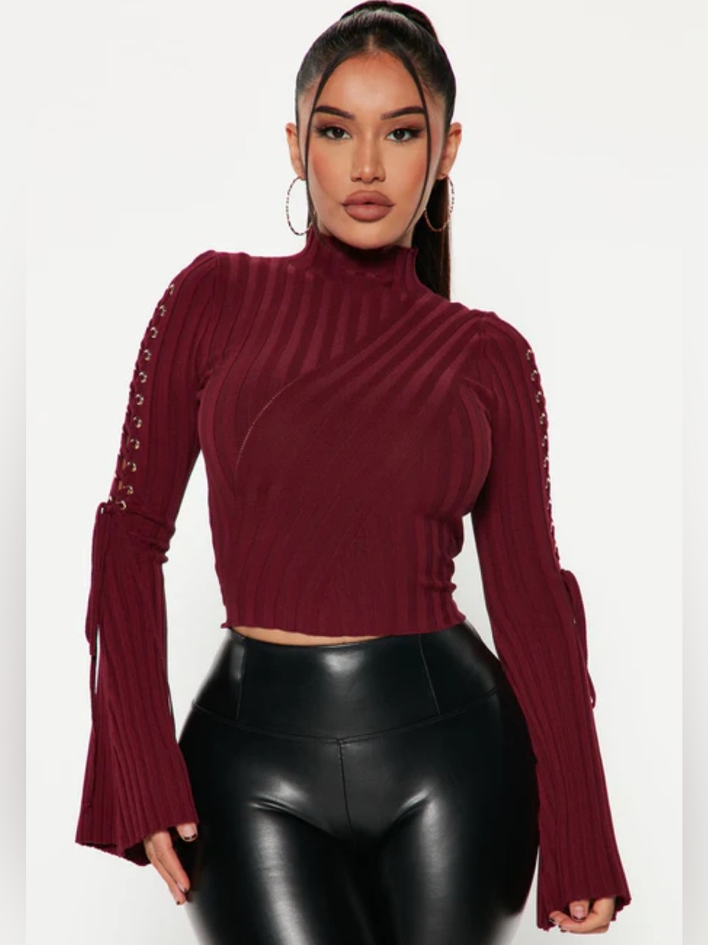 Fashion Nova Ribbed Mock Neck Lace-Up Sleeve Crop Top in Wine